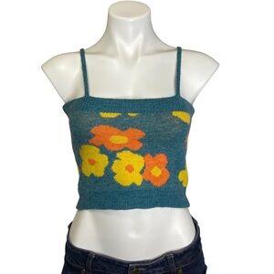 Teal Floral Knit Cropped Cami with Spaghetti Straps